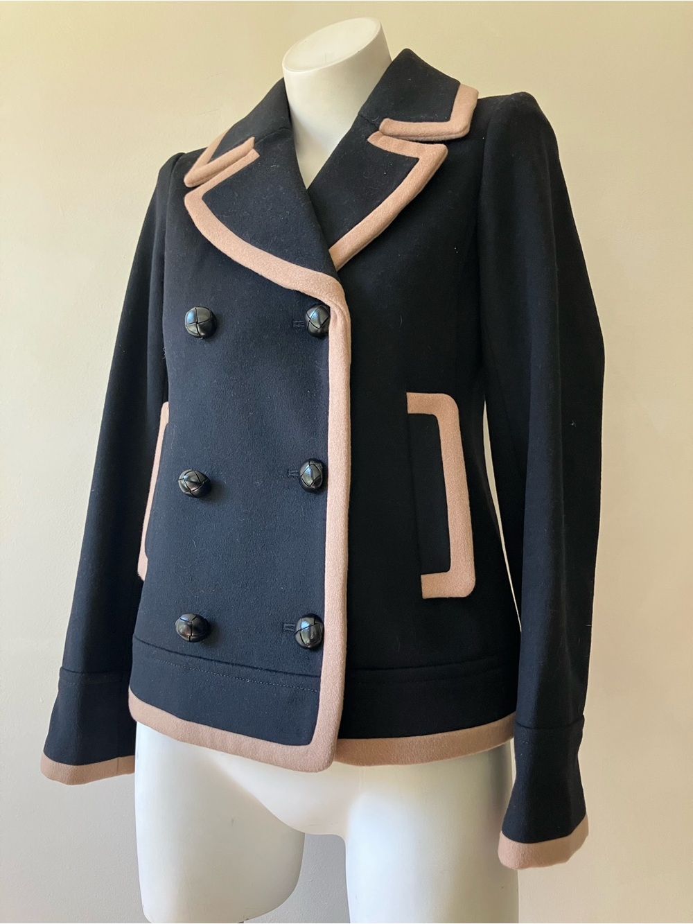 J. Crew | Peacoat Wool by Nello Gori Double Breasted Tan Trim Academia Coat